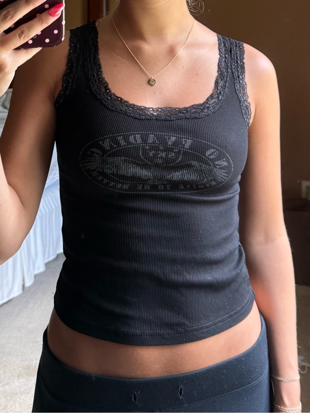 Black Lace-Trim Ribbed Graphic Tank Top